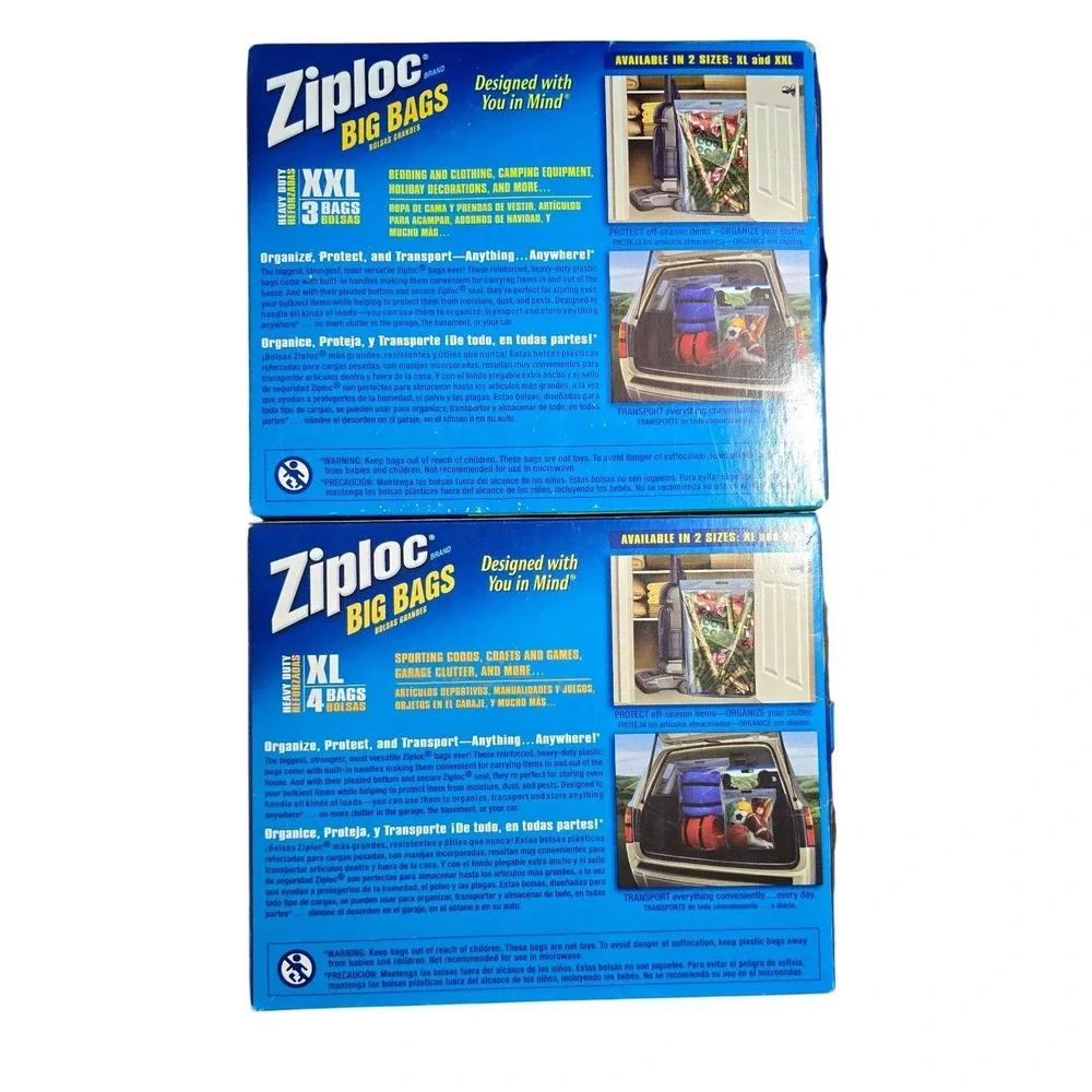 Ziploc Big Bags XXL 3ct and XL 1ct Heavy Duty Double Zipper Storage Bags 4 Total